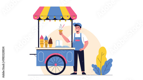Friendly ice cream vendor standing next to a colorful blue cart under a striped awning, holding up a fresh soft serve cone for customers.