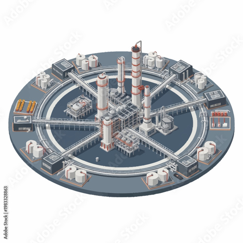 Isometric view of a complex industrial oil refinery complex with interconnected pipelines and storage tanks.
