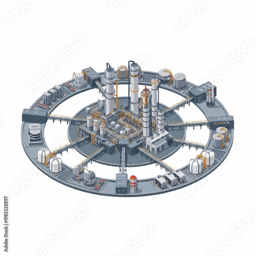 Circular industrial complex with multiple towers and storage tanks, representing a modern factory or refinery.