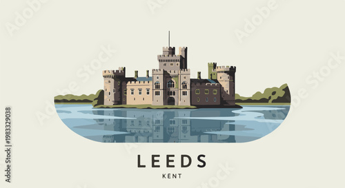 Pixel art of a large stone castle surrounded by water and trees, with reflections