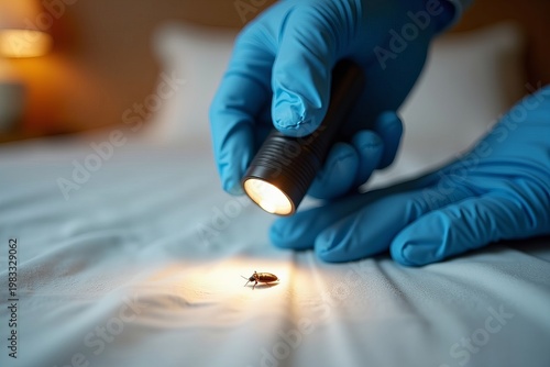 Professional Exterminator Inspecting Bed for Bed Bug Infestations with Flashlight and Gloves