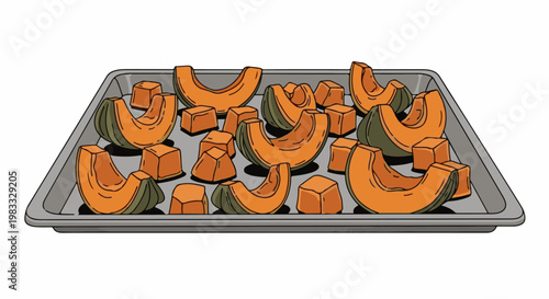 Sliced and cubed orange squash pieces arranged on a baking tray