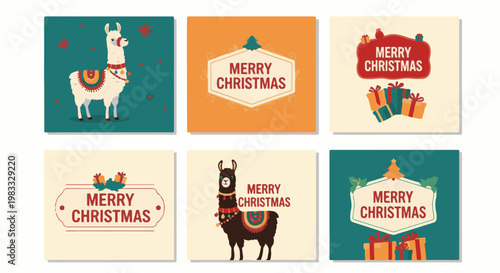 Six festive square cards feature llamas and presents for Christmas