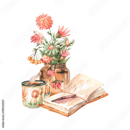 Watercolor Autumn Still Life with Flowers, Open Journal, and Tea Cup
