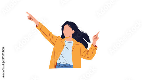 Faceless illustration of a woman in a bright yellow jacket pointing her fingers in two opposite directions, suggesting a tough decision.