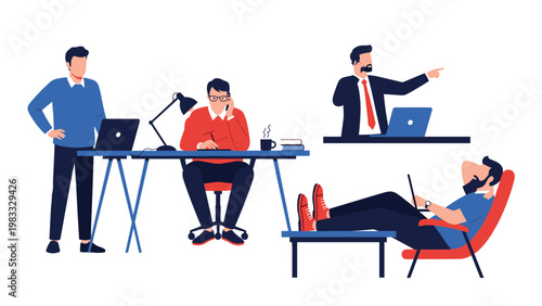 Busy office environment where several employees are working at desks while one colleague is napping in a comfortable chair, showing fatigue.