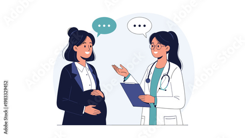 Pregnant woman in a professional business suit consulting with a female doctor in a white lab coat during a prenatal checkup in a clinic.