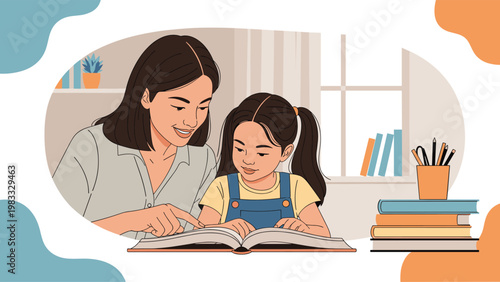 Loving mother sitting with her young daughter at a desk to help her read a book and complete her homework in a colorful home environment.