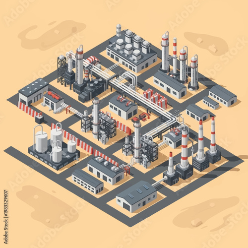 Isometric view of a large industrial complex with multiple buildings and pipelines under a clear sky.