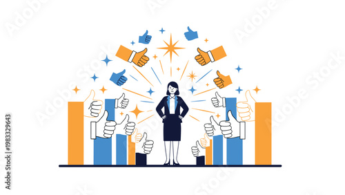 Successful businesswoman standing confidently while surrounded by numerous colorful thumbs up symbols signifying approval and social success.