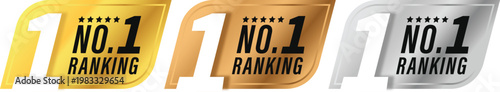 Number 1 Ranking Award Badge. Number one ranking icon. Gold label, logo, seal, sign, symbol, stamp, sticker, emblem, banner. Vector Image