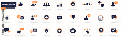 Review and feedback icon set with rating, like, recommended, analytics, and user evaluation symbols. for service quality, customer rating, satisfaction, sentiment analysis and user testimonials