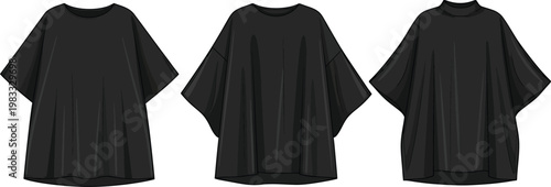 Three black kaftans a fashion silhouette display on a white background