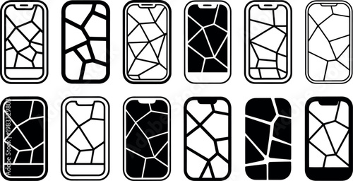 Collection of smartphone screens with cracked glass displays  various broken mobile phones