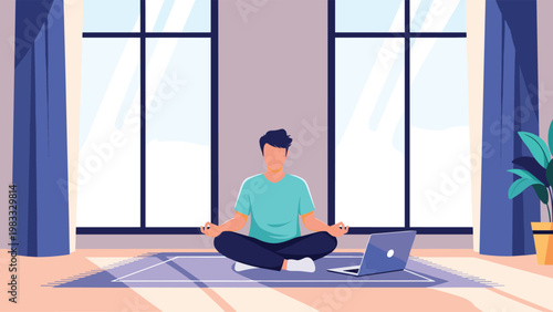 Young man sitting in a lotus position meditating on a rug in his living room next to an open laptop, representing mindfulness at home.