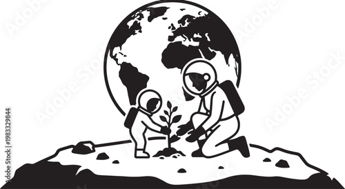Astronaut mother planting green sapling on asteroid