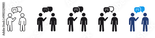 Conversation and speaking icon set with people and speech bubbles for business discussion, chat and dialogue, customer support, communication, and social interaction.