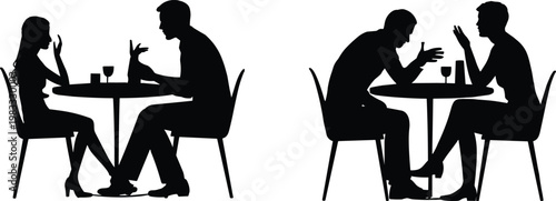Silhouette people talking, café conversation, restaurant table scene, social interaction, drinking wine, minimalist design, friends chatting, leisure lifestyle, black figures