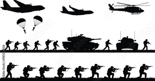 Military operation silhouette, soldiers with rifles, tanks advancing, helicopter, paratroopers descending, aircraft transport, combat teamwork, army vector illustration, battlefield coordination, war