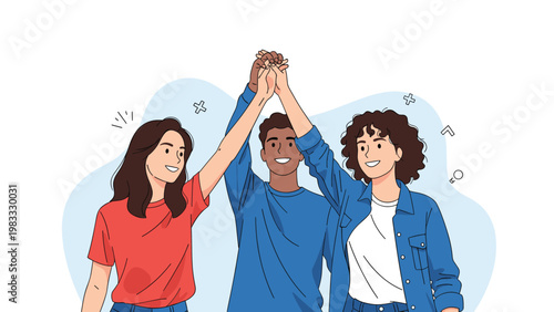 Group of three diverse young friends celebrating their success and friendship by raising their hands together for a collective high five.