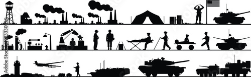 Military operations silhouettes, defense infrastructure illustration, soldier saluting, tanks, aircraft, medical support, logistics facility, control tower, combat readiness, war concept