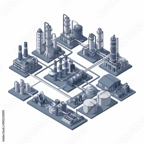 Isometric illustration of a complex industrial chemical plant with interconnected pipelines and various processing units.