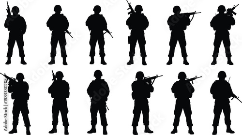 military, soldier, silhouettes, army, troops, combat, tactical, patrol, rifle, defense, security, forces, standing, collection, black, figures, infantry, lineup, isolated, illustration