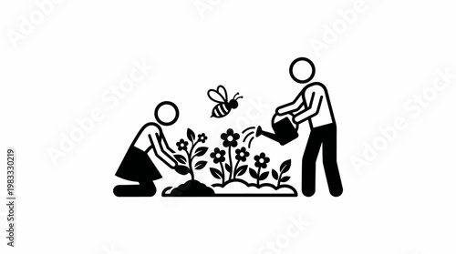 People Gardening Together with a Happy Bee