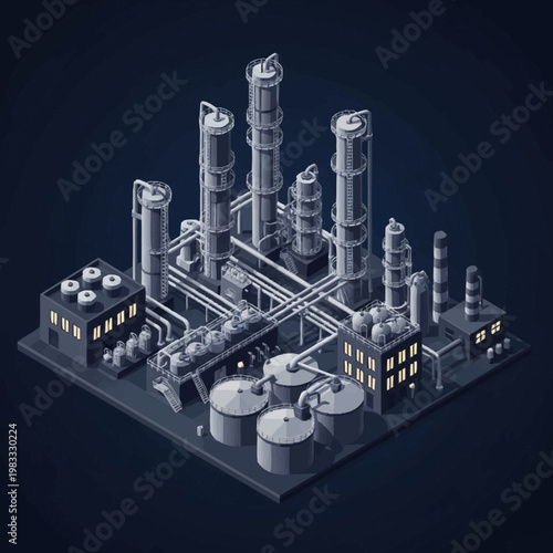Isometric view of a complex industrial refinery plant with distillation towers and storage tanks.