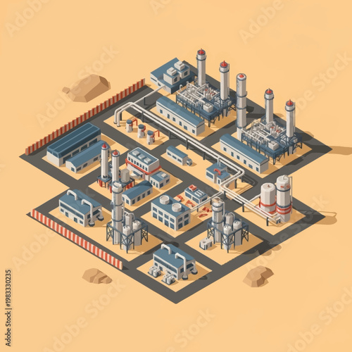 Isometric view of a sprawling industrial complex with multiple buildings, smokestacks, and pipelines set against a desert landscape.