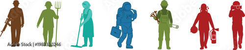 Occupational silhouettes of diverse professions, soldier, farmer, cleaner, astronaut, engineer, firefighter, videographer, career diversity illustration, workforce concept, society roles