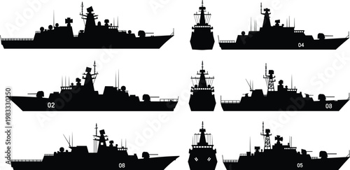 Naval warship silhouettes, military vessels illustration, side and front views, defense equipment, navy fleet concept, maritime security, armed forces