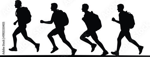 Silhouette of four backpack hikers walking in sequence, outdoor trekking adventure, black isolated figures, travel expedition concept, side view illustration