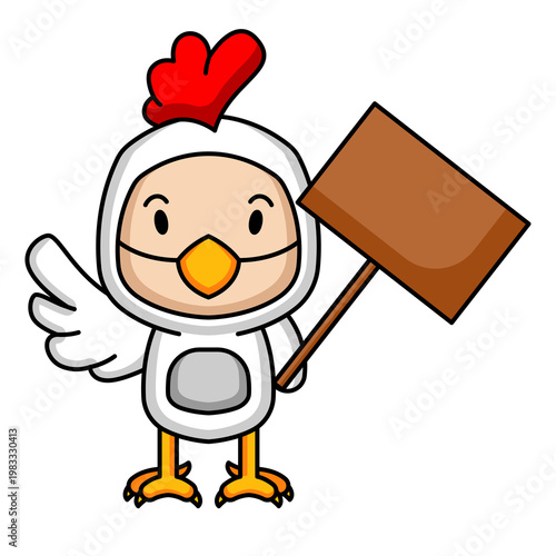 Illustration of character wearing chicken mascot.