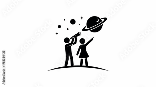 People Observing Planets With Telescope Symbol