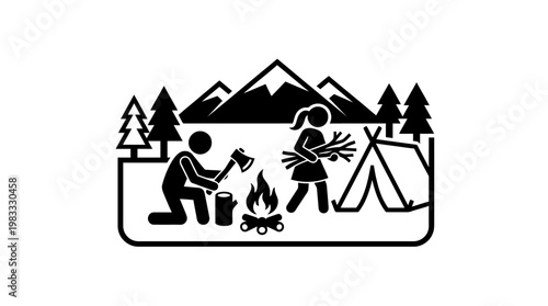 Camping Scene with Bonfire Silhouette