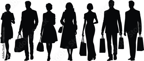 Silhouette people shopping, group carrying bags, fashion retail scene, urban lifestyle, consumerism concept, stylish silhouettes walking, modern city shoppers, black figures