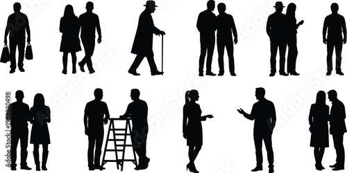 Silhouette people illustration, walking and standing poses, shopping activity, couple interaction, elderly with cane, guitar player, workplace scene, communication
