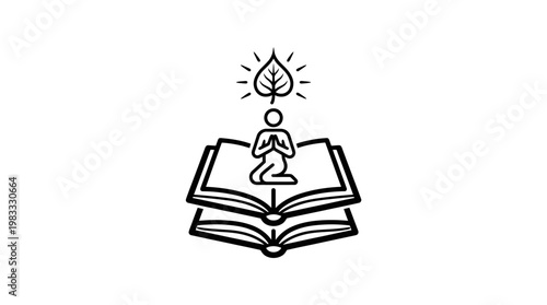 Meditating Figure on Open Books with Leaf Symbol