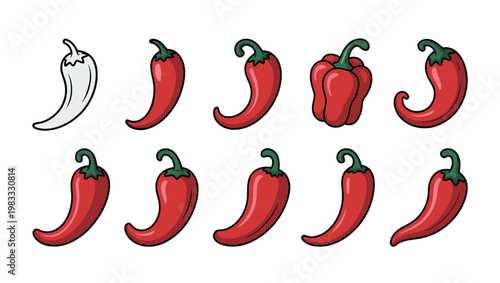 Red hot natural chili pepper icons set, spicy chili pepper symbols, Asian and Mexican food concept, hot sauce and seasoning icons, clean vector design isolated on transparent background for restaurant