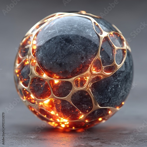 Dark stone sphere encased in glowing gold organic lattice structure