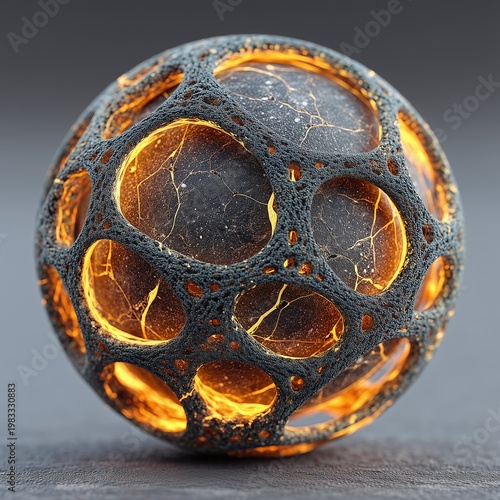 Dark stone sphere encased in glowing gold organic lattice structure
