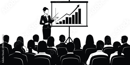 Business presentation with audience and speaker showing growth chart, corporate seminar training concept, professional meeting black vector illustration isolated on white background