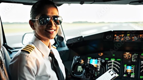Professional female pilot smiling writing in airplane cockpit