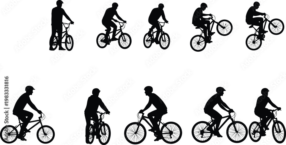 Naklejka premium Collection of BMX rider silhouettes performing cycling actions, man riding bicycle set, extreme sport motion poses, black vector illustration isolated on white background