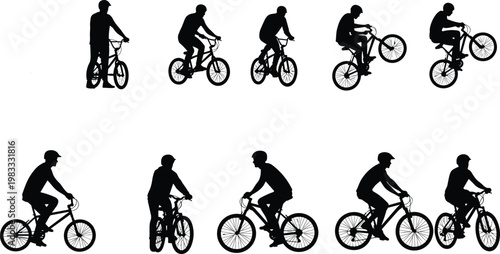 Collection of BMX rider silhouettes performing cycling actions, man riding bicycle set, extreme sport motion poses, black vector illustration isolated on white background