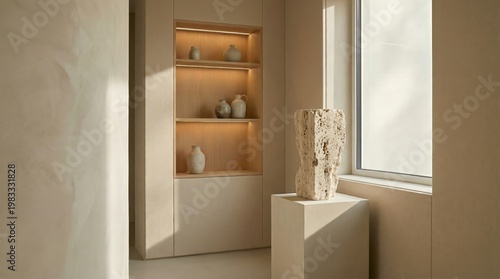 Minimalist interior featuring textured stone sculpture and ceramic vases