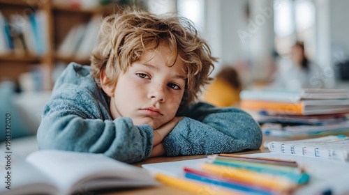 Tired boy resting head on desk while homeschooling. A symbol of academic burnout, neurodiversity in education, and the mental load of remote learning for children.