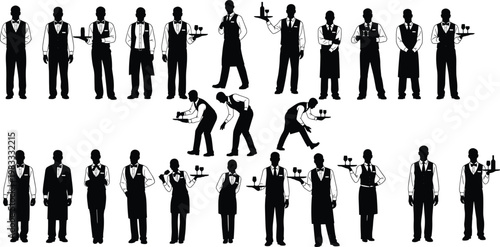 Collection of waiter and waitress silhouettes serving food and drinks, restaurant staff characters set, hospitality service poses black vector illustration isolated on white