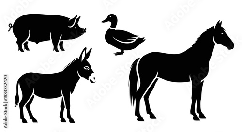 Farm Animal Silhouettes: Pig, Duck, Donkey, and Horse Collection